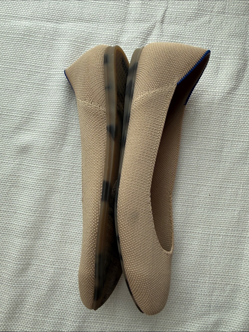Rothy's Beige Knit Pointed Ballet Flats with Blue Trim - Picture 3 of 6
